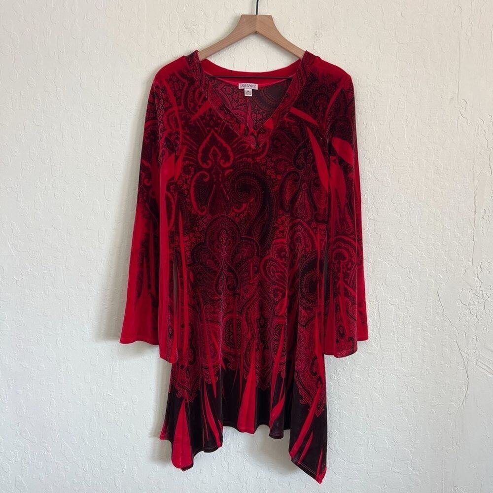 Vintage 90s DB Sport Velvet V-Neck Flare Bell Long Sleeve Mini Dress Medium Red